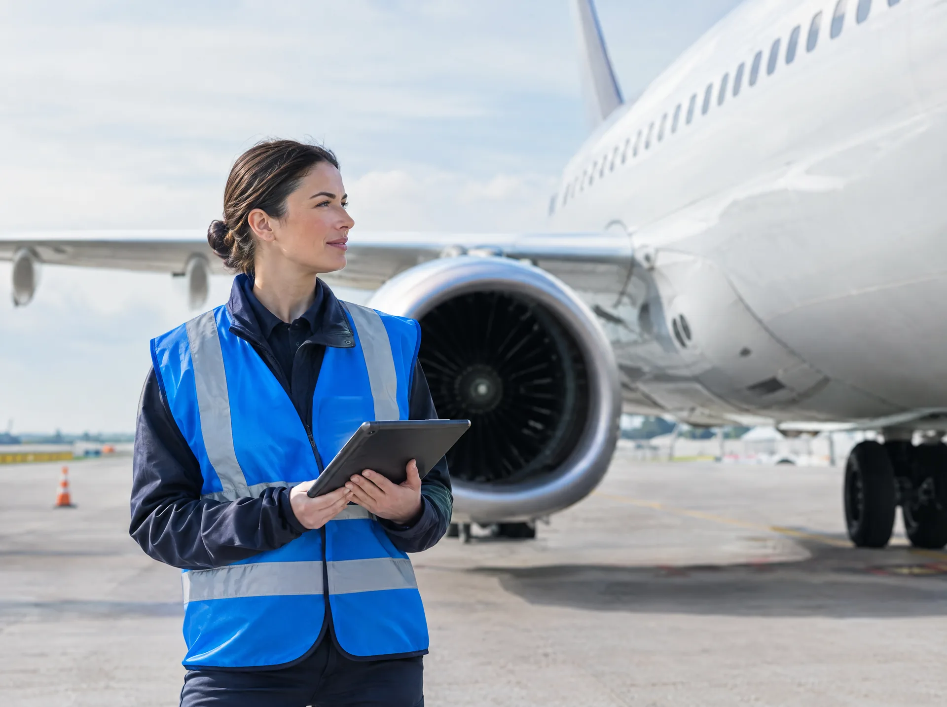 Ground crew member with a tablet beside an airliner on the apron