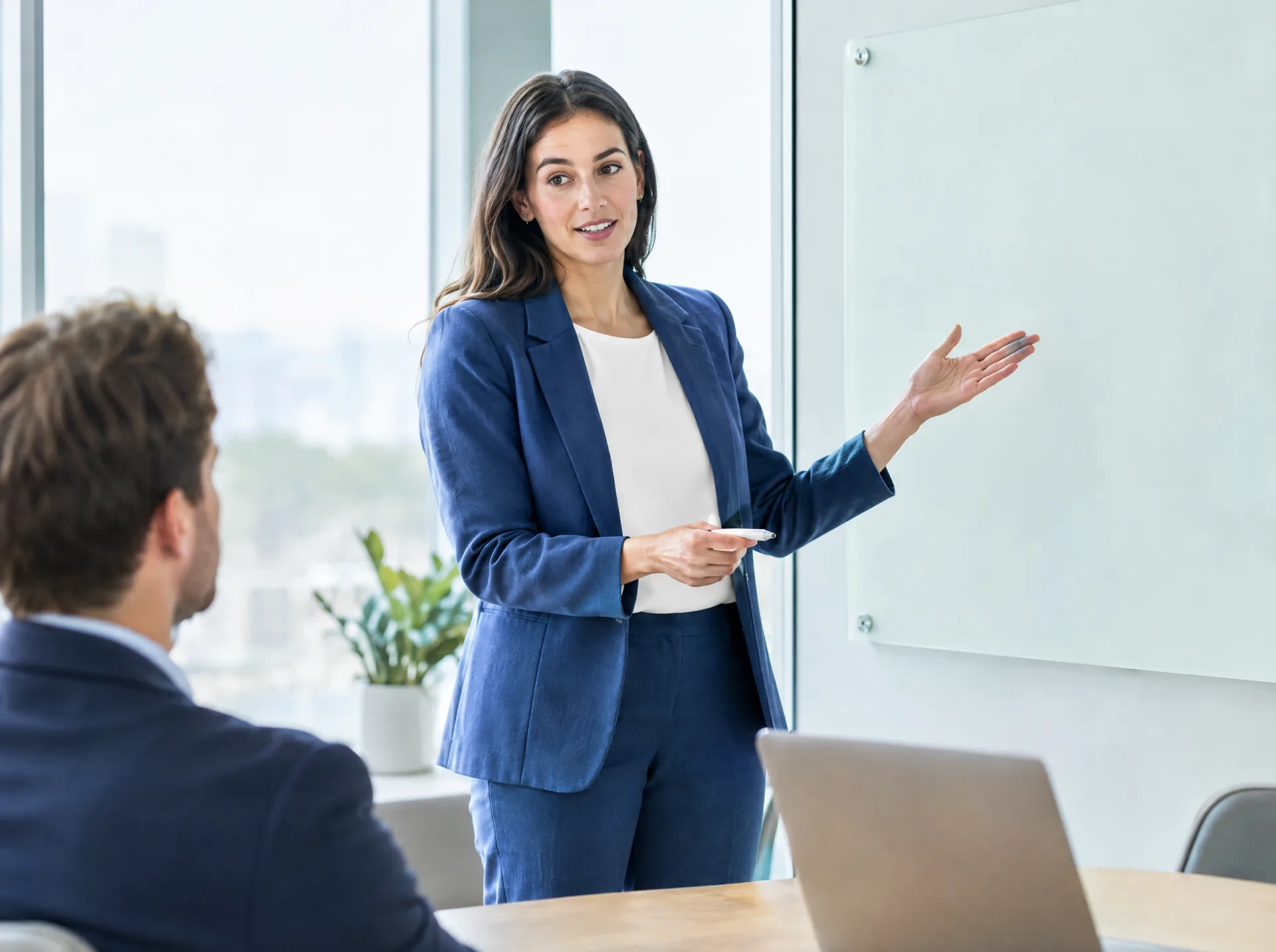Consultant presenting to a client in a meeting room