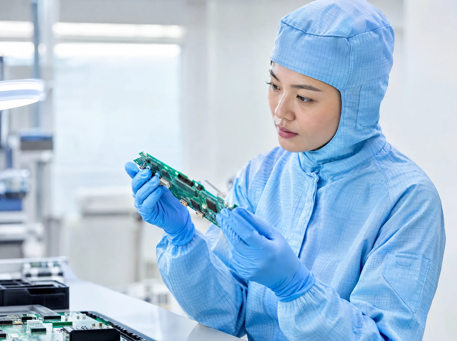 Technician in a cleanroom suit inspecting a circuit board