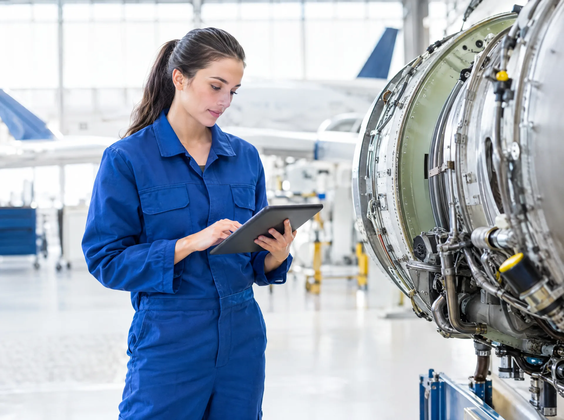 Technician with a tablet beside an aircraft engine in a hangar