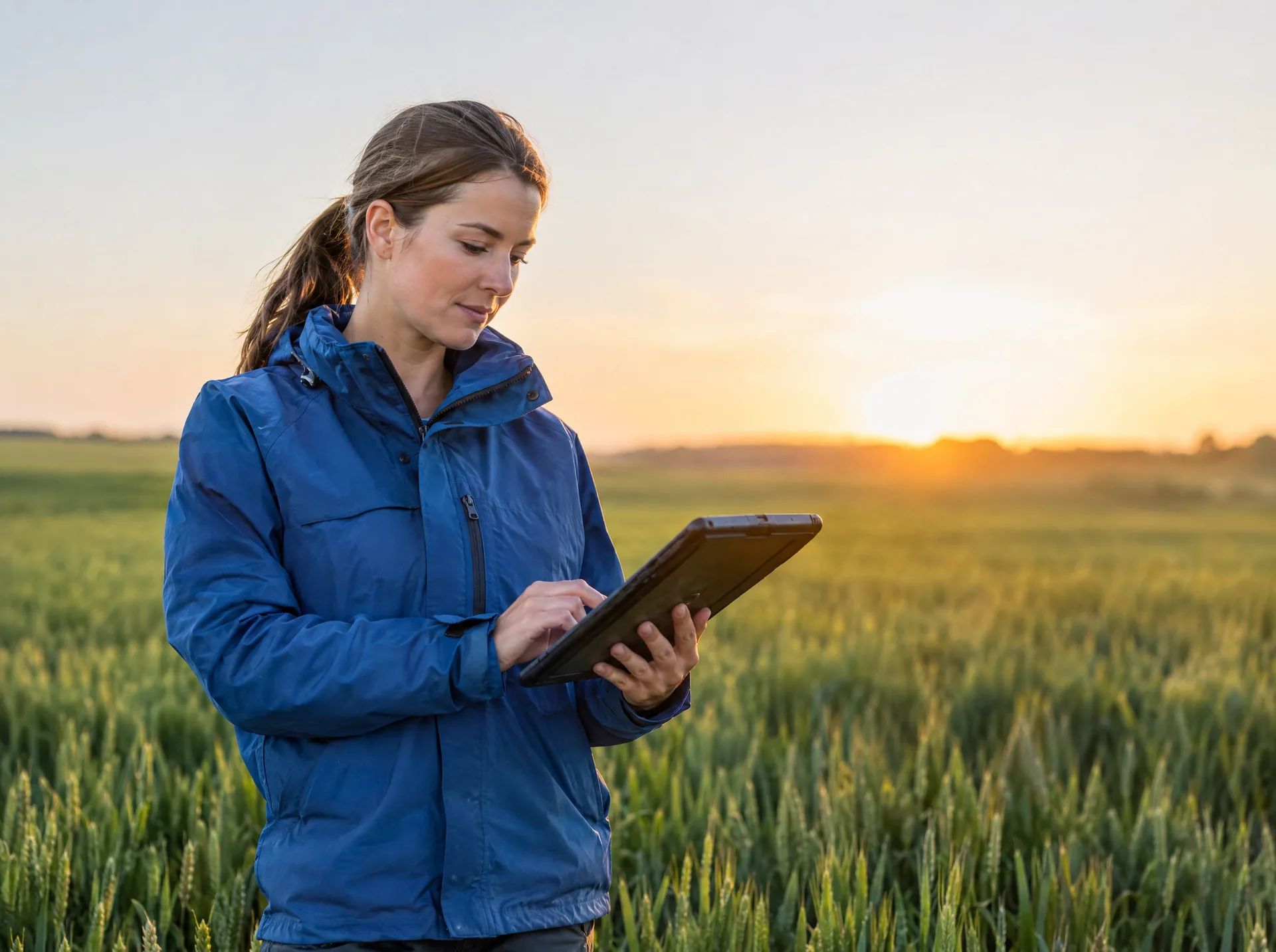 Agronomist checking a tablet in a wheat field at sunrise