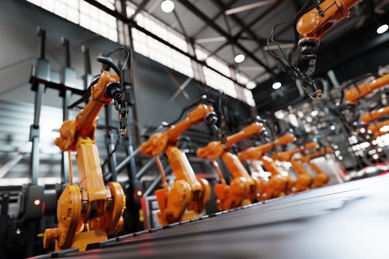 Robotic arms working along an assembly line in a factory