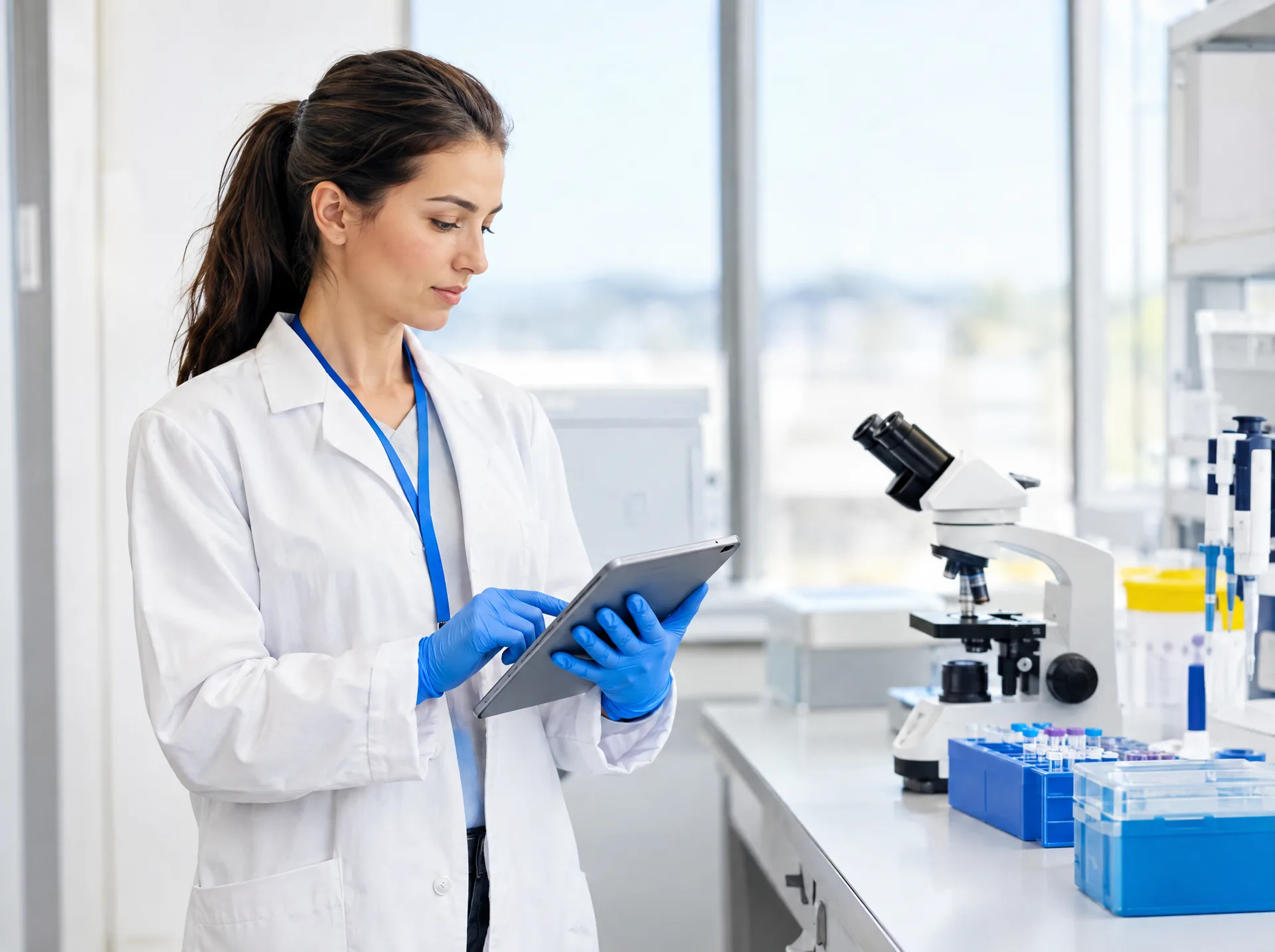 Researcher in a lab coat using a tablet in a clinical laboratory