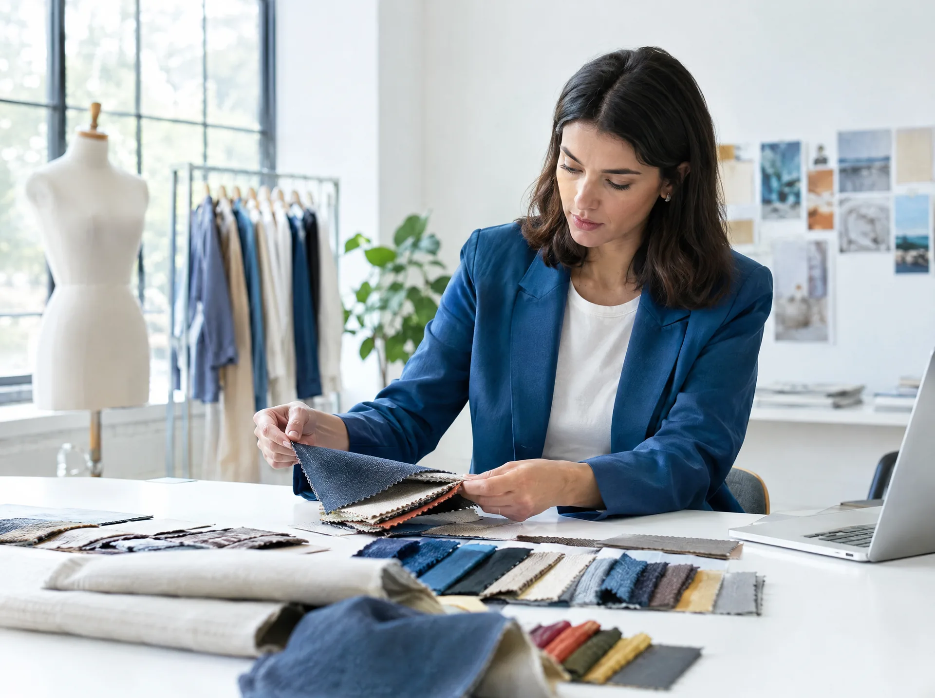 Designer reviewing fabric swatches in a fashion studio