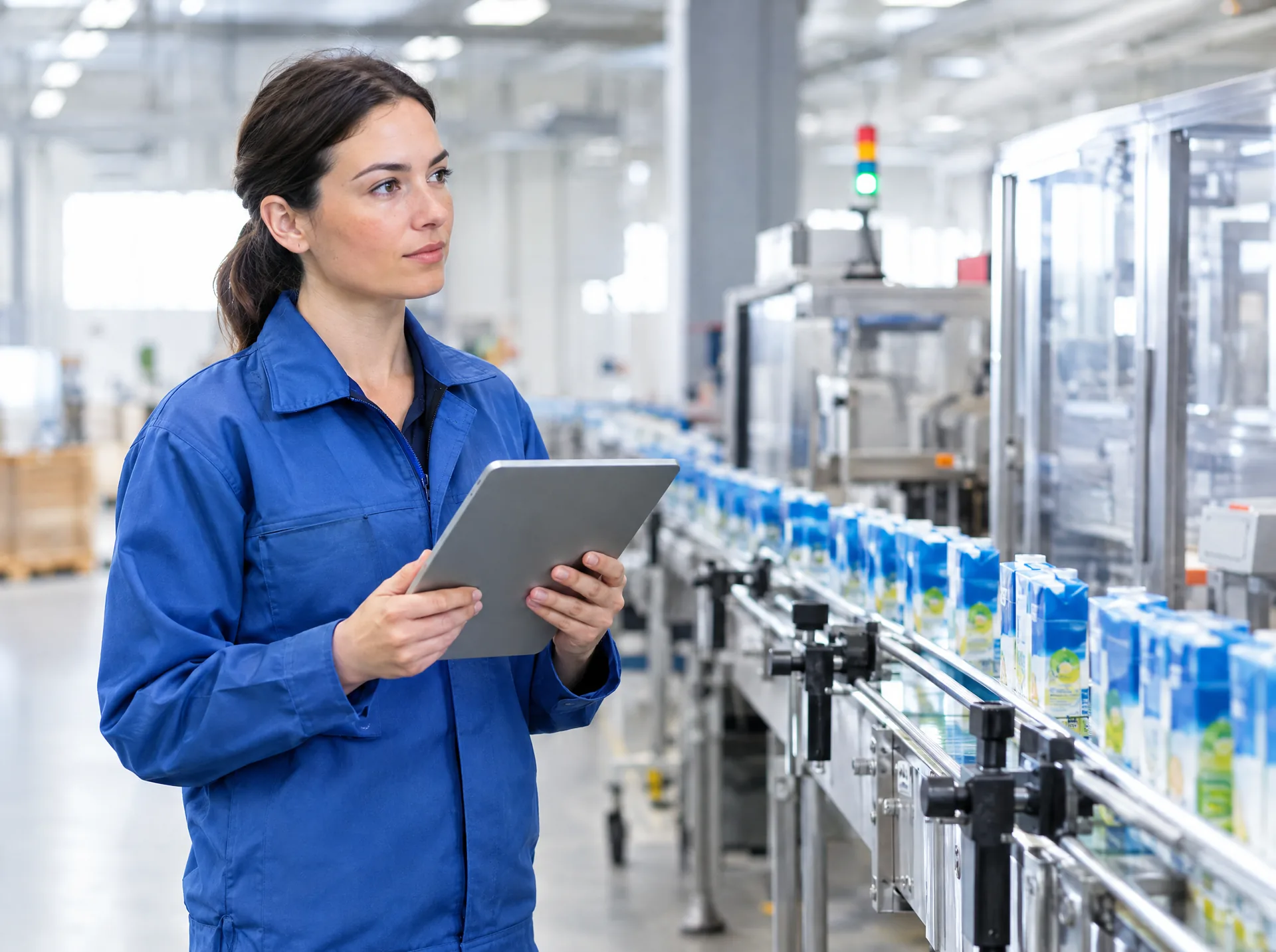 Supervisor with a tablet beside a bottling line