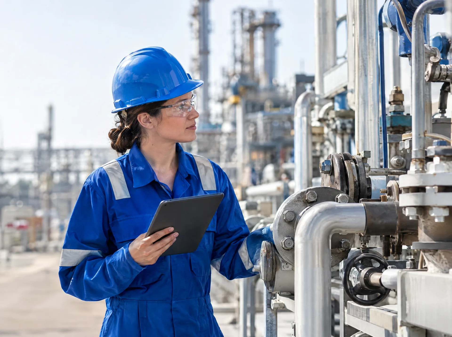 Engineer in a hard hat with a tablet at a petrochemical plant