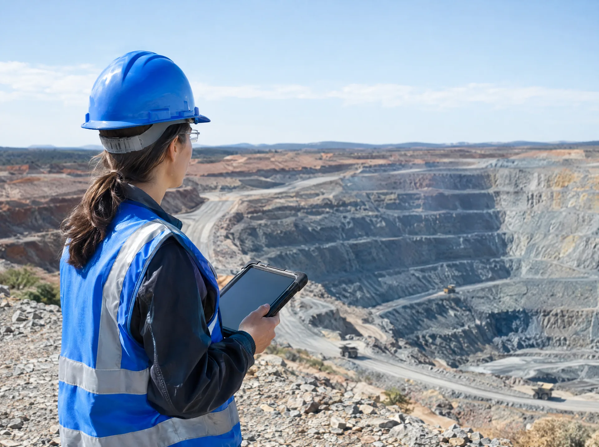 Mining engineer in a hard hat with a tablet overlooking an open-pit mine