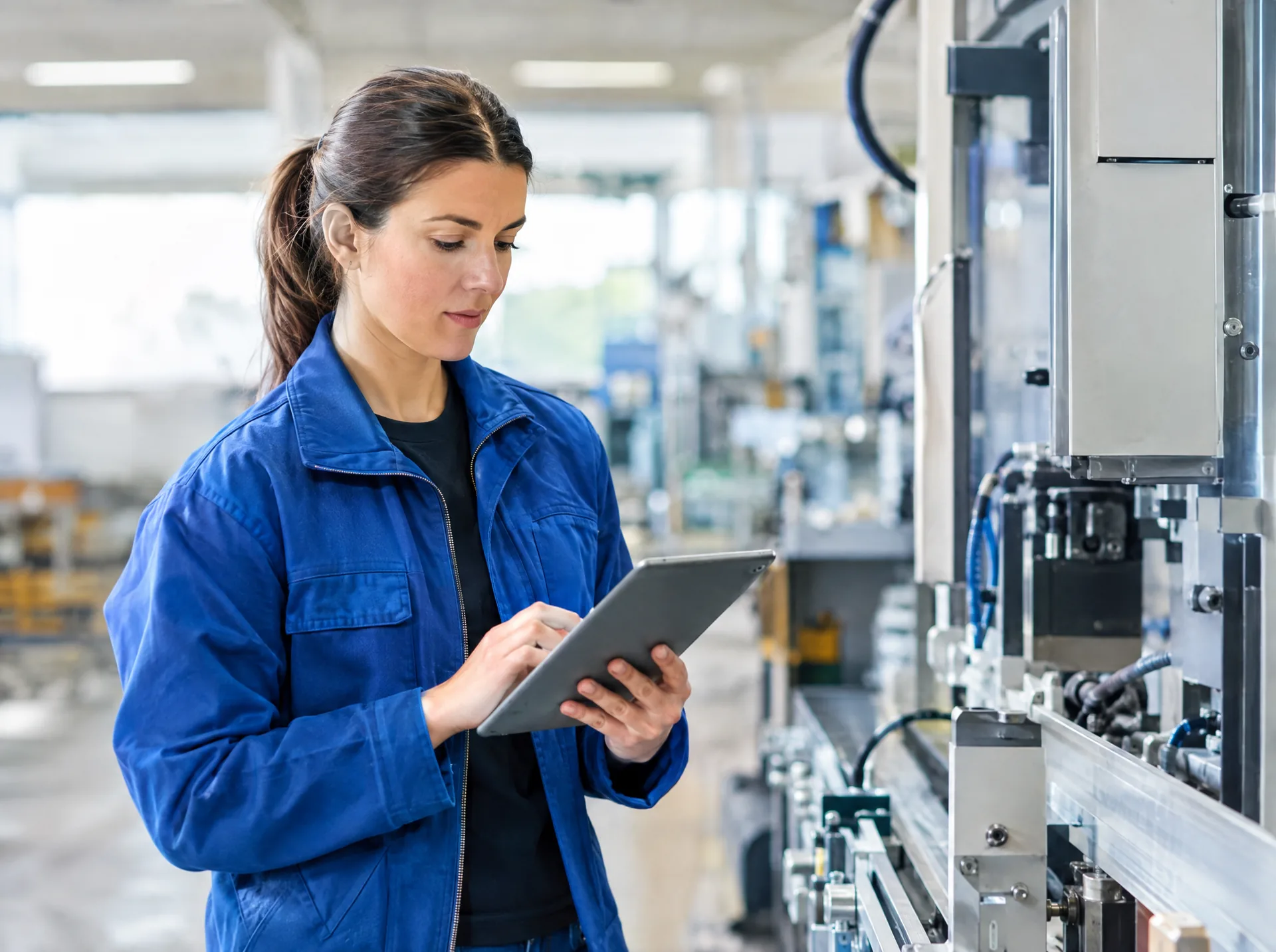 Engineer with a tablet beside automated production equipment