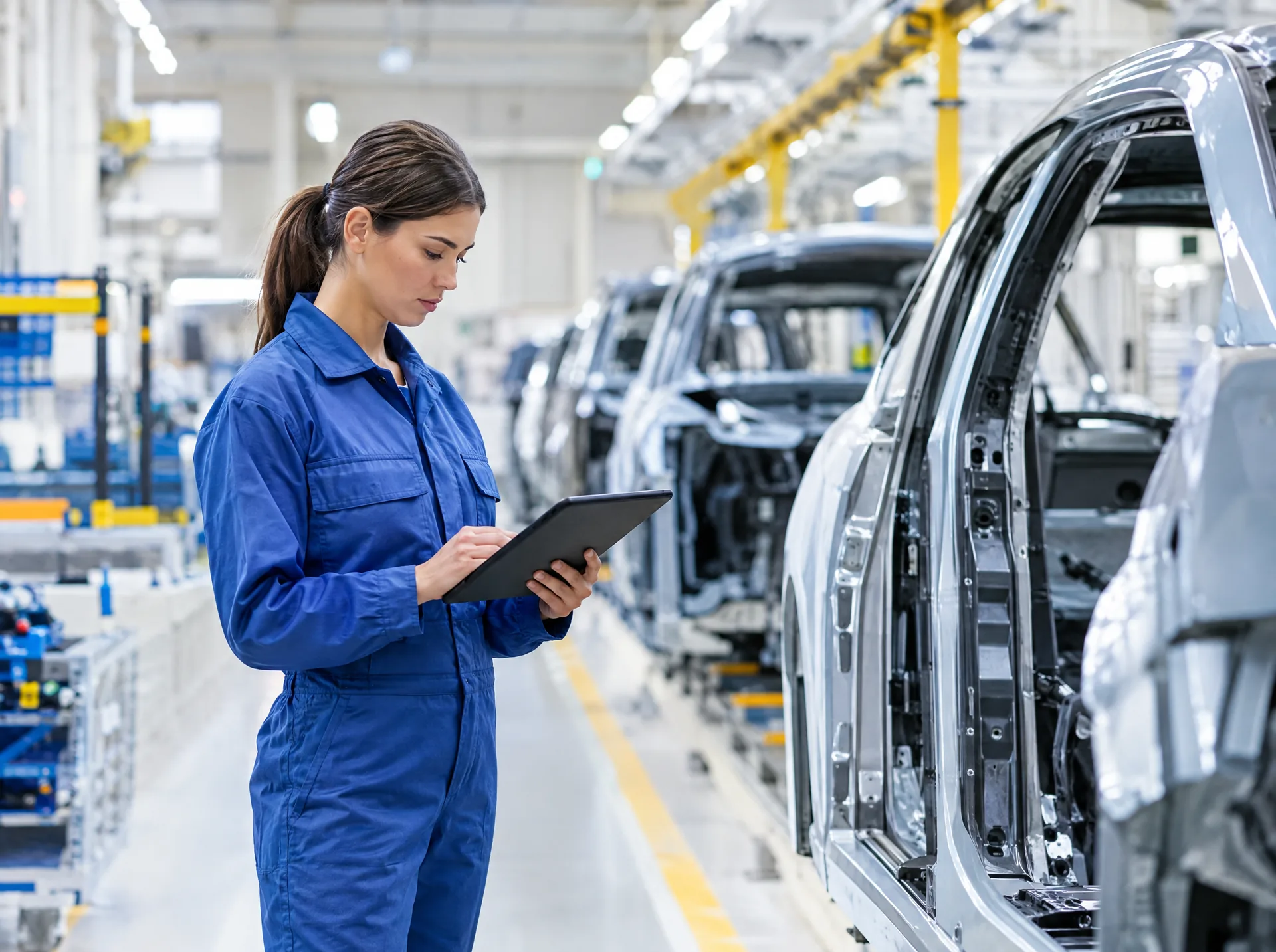 Engineer with a tablet on a car body assembly line