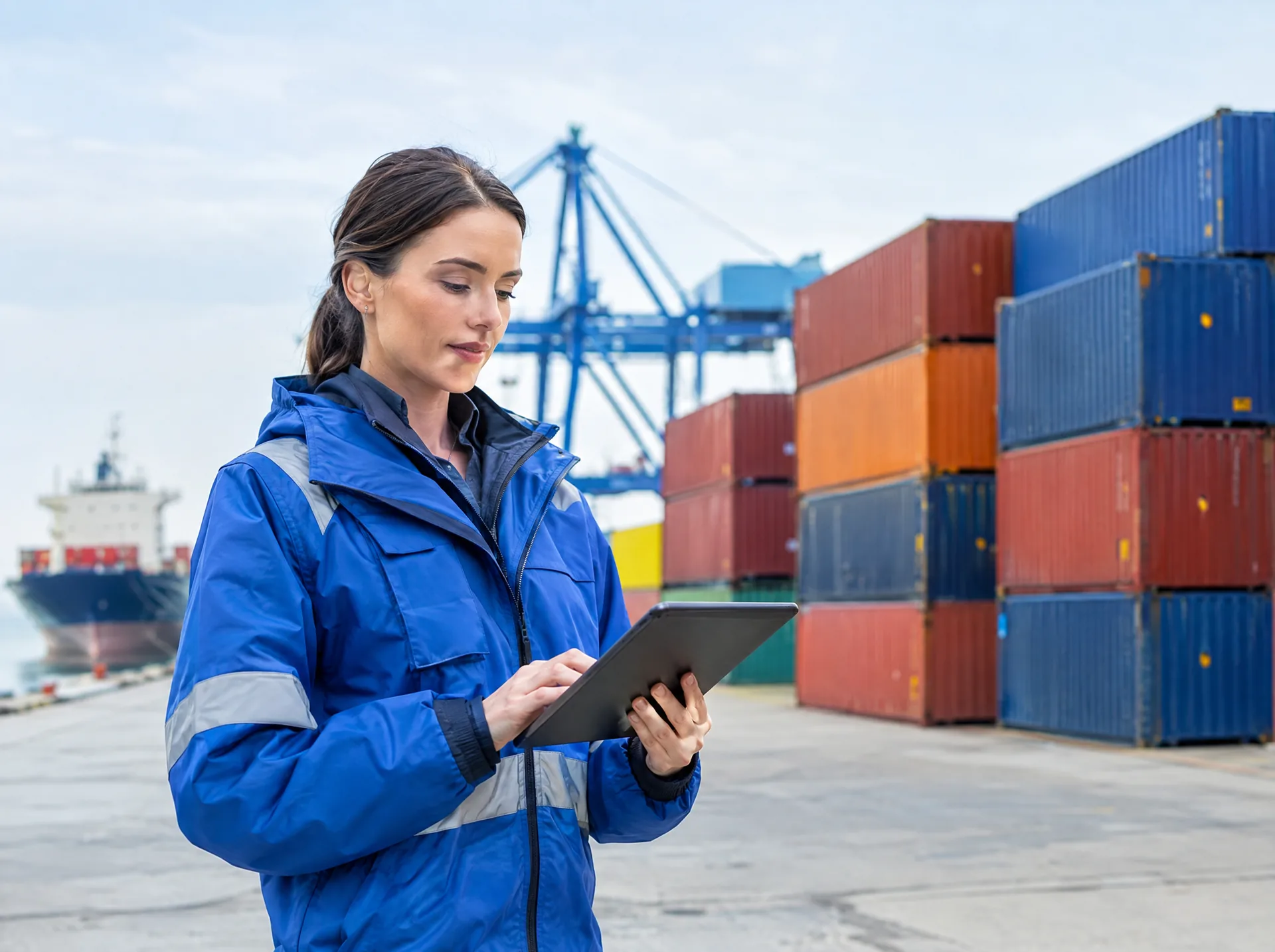 Logistics officer with a tablet beside stacked shipping containers at a port