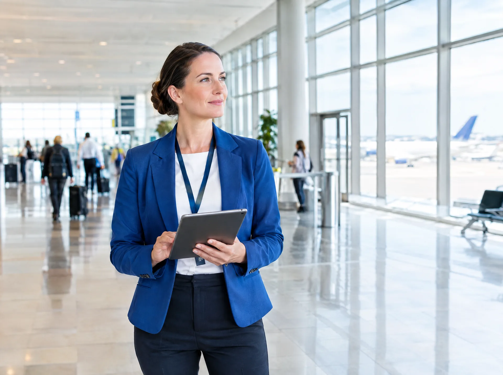 Airport operations manager with a tablet in a terminal concourse