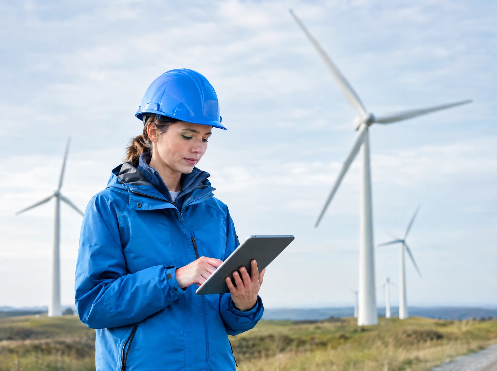 Engineer in a hard hat with a tablet at a wind farm
