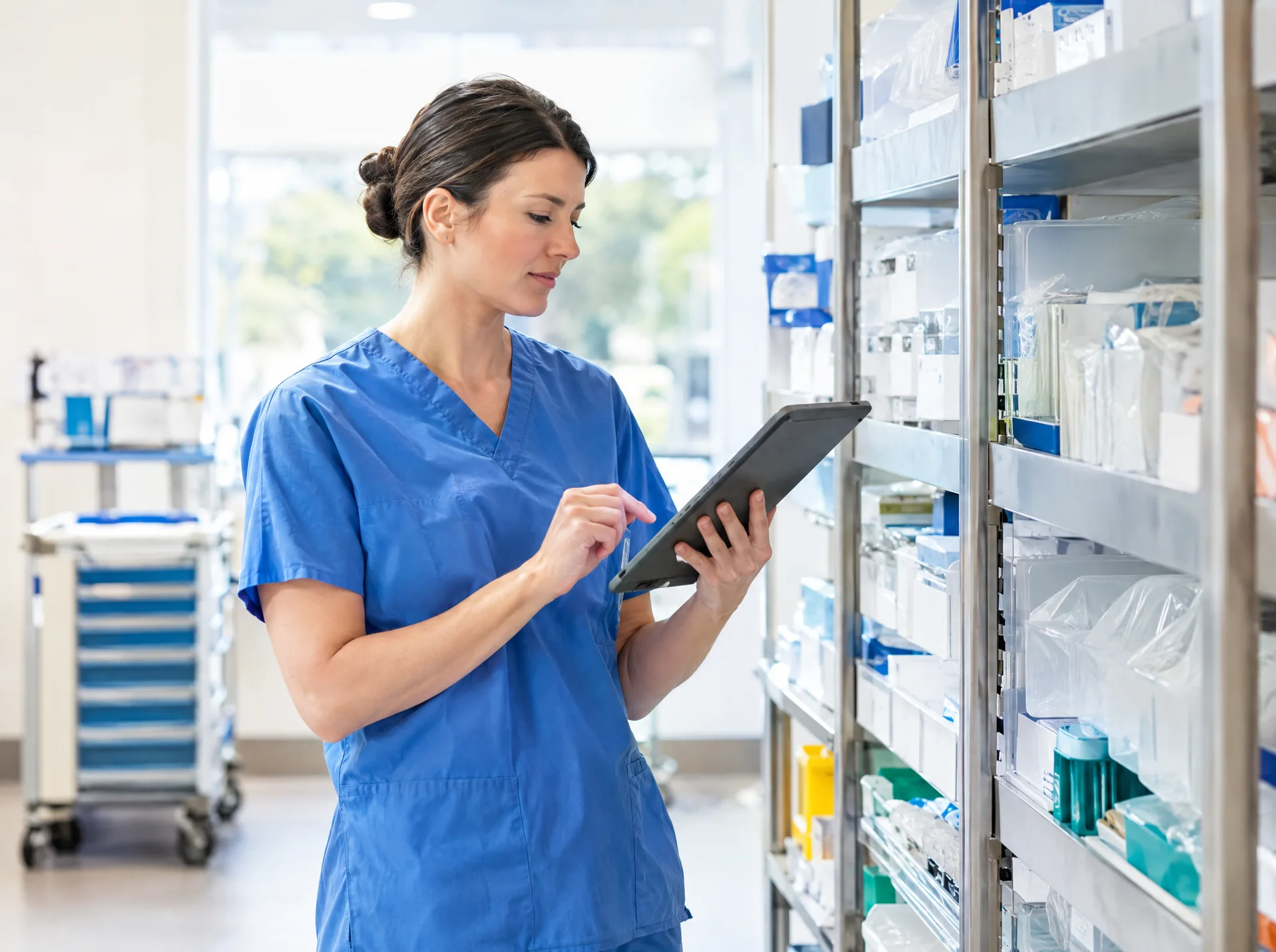 Nurse checking supplies on a tablet in a hospital store room