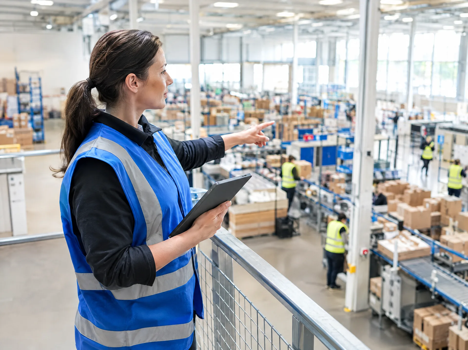 Operations lead with a tablet overlooking a fulfilment centre floor
