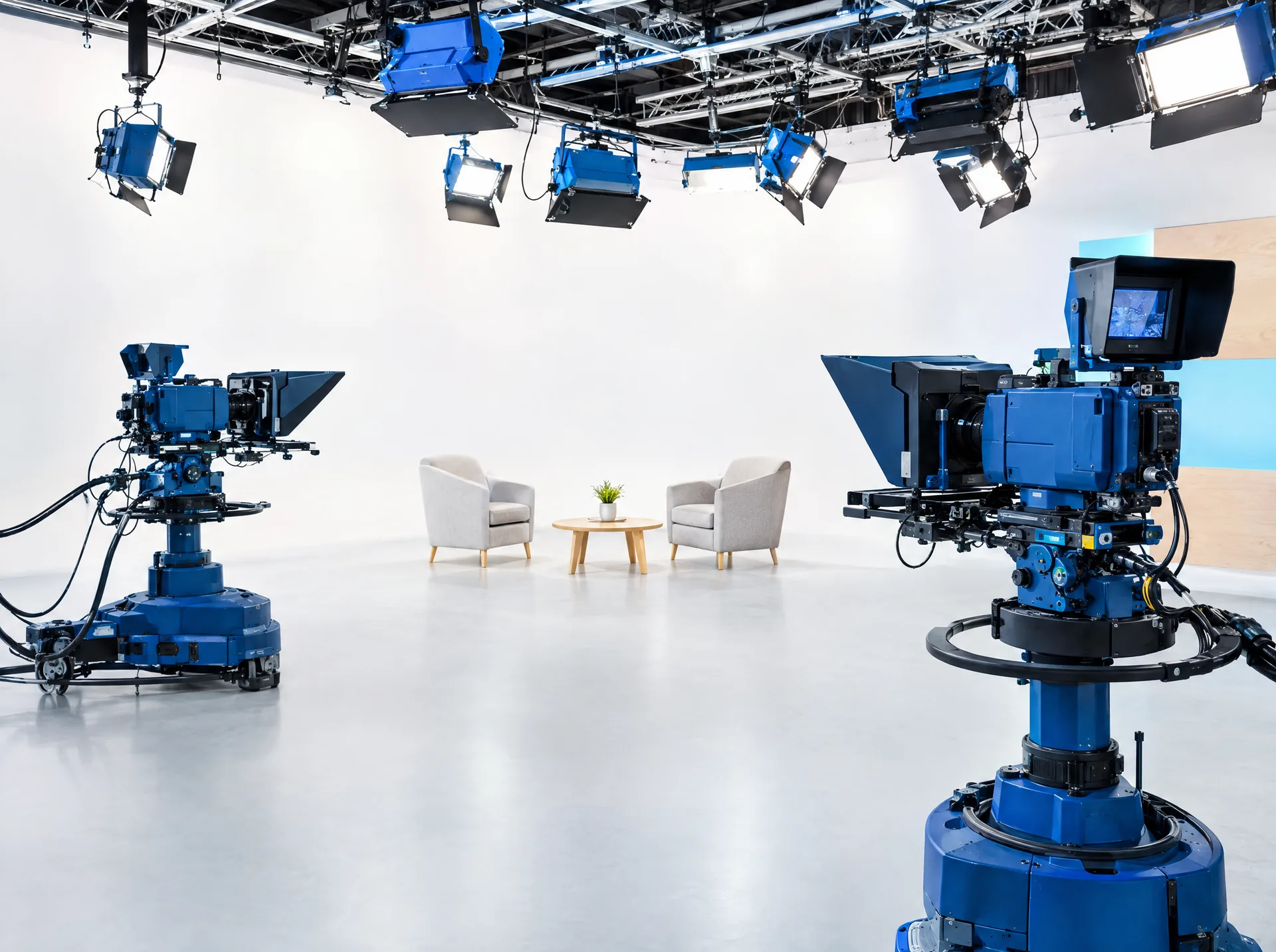 Broadcast cameras and lighting rig in a television studio