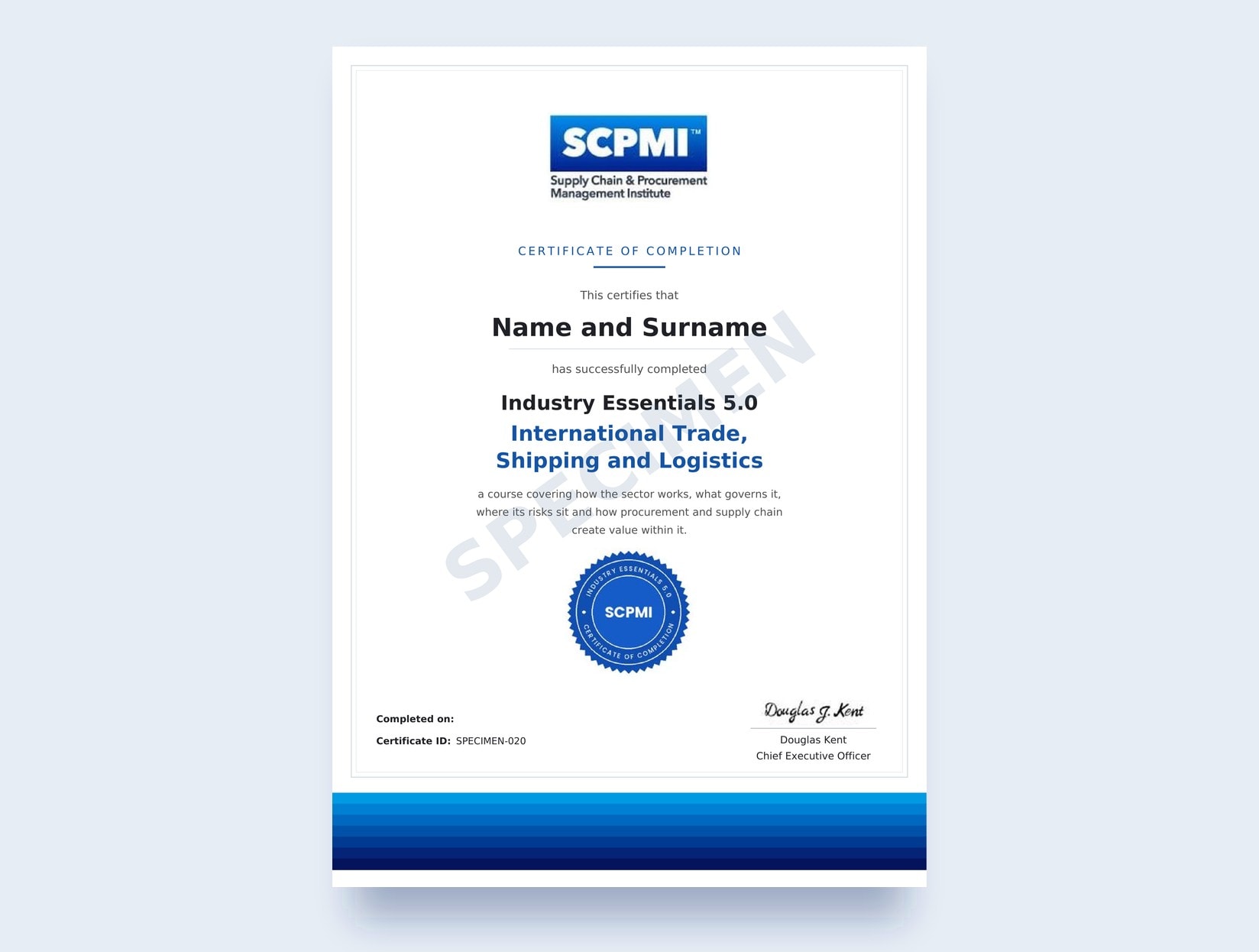 The Industry Essentials 5.0 certificate of completion for this course, showing the course title: Industry Essentials 5.0, International Trade, Shipping and Logistics.