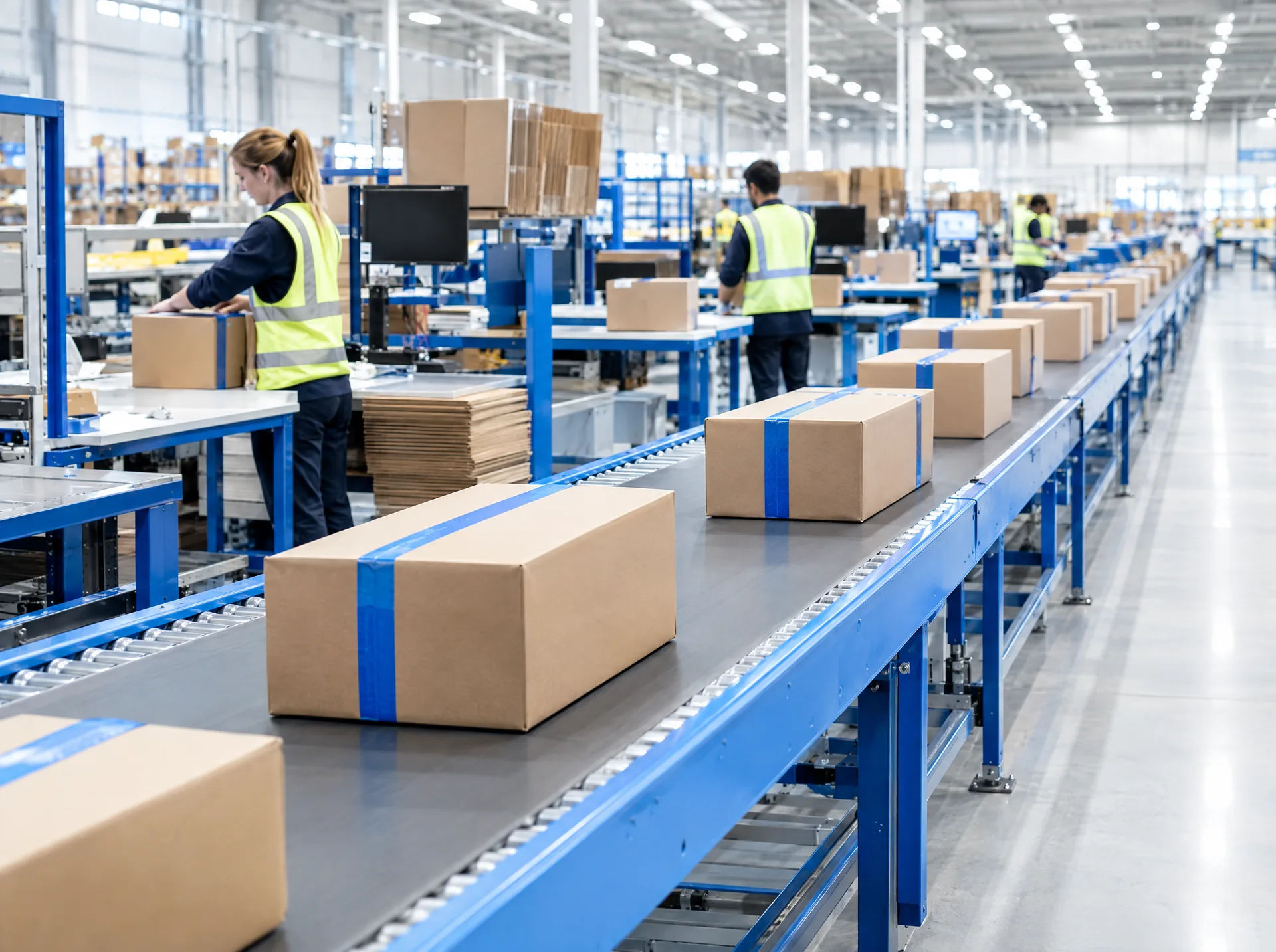 Parcels moving along a conveyor in an order fulfilment centre