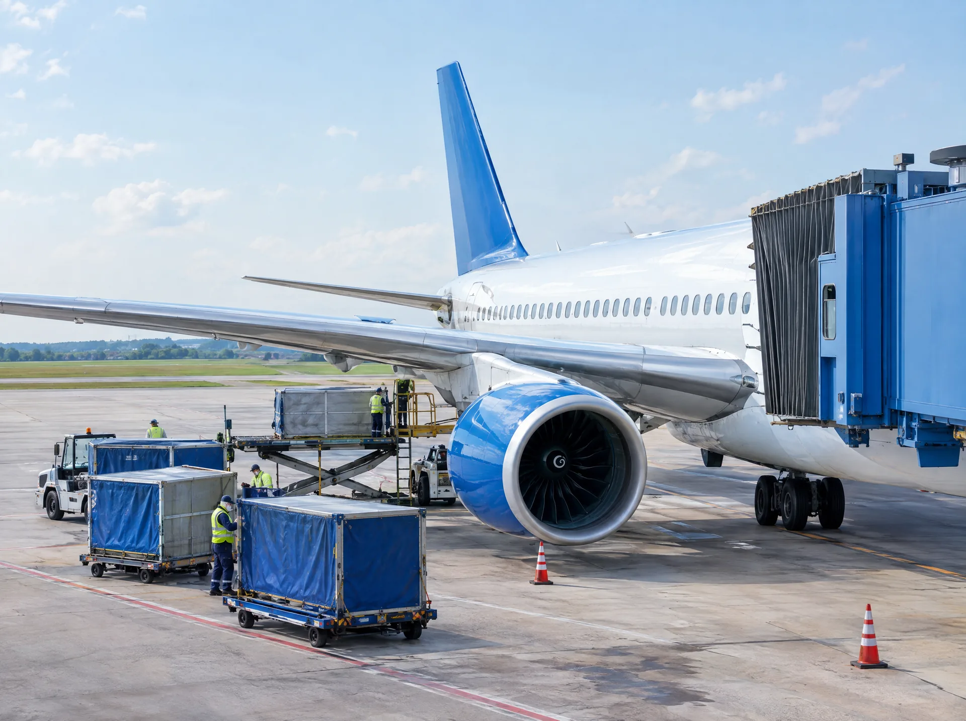 Airliner at the gate with baggage carts being loaded