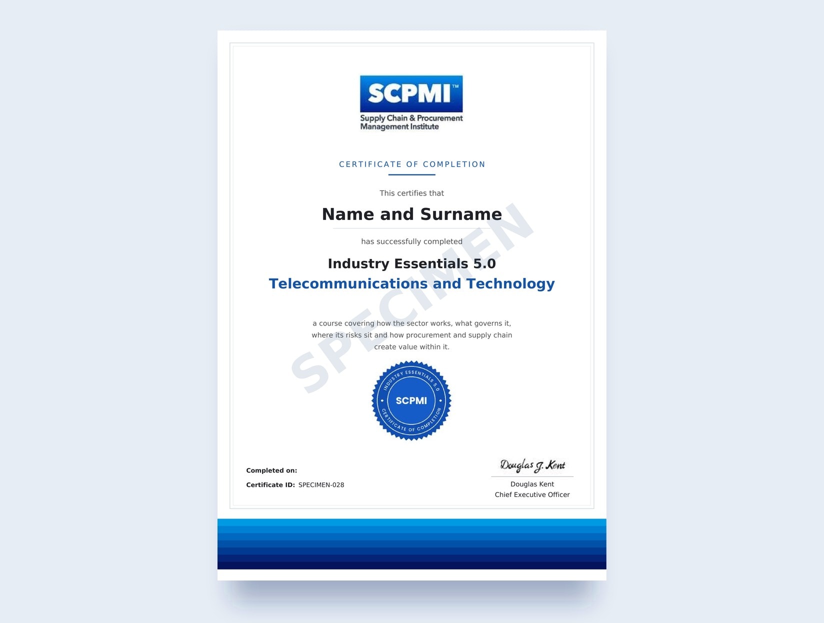 The Industry Essentials 5.0 certificate of completion for this course, showing the course title: Industry Essentials 5.0, Telecommunications and Technology.