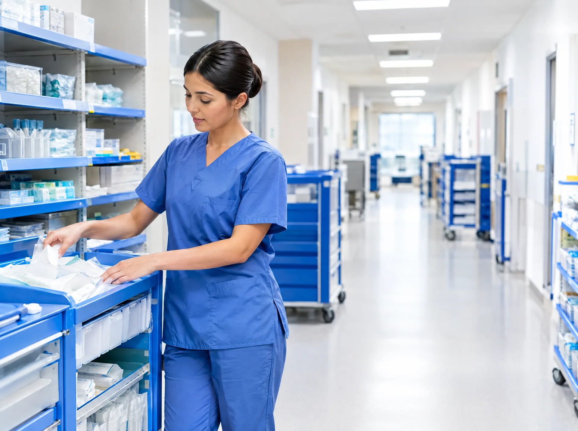 Nurse restocking medical supplies in a hospital corridor