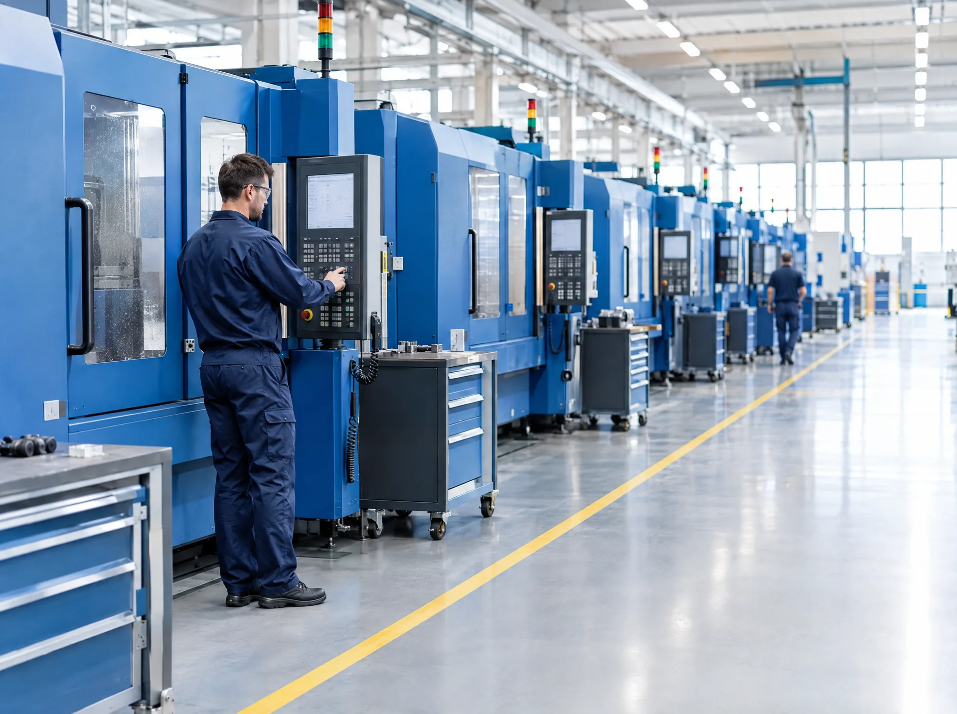 Operator at CNC machines on a factory floor
