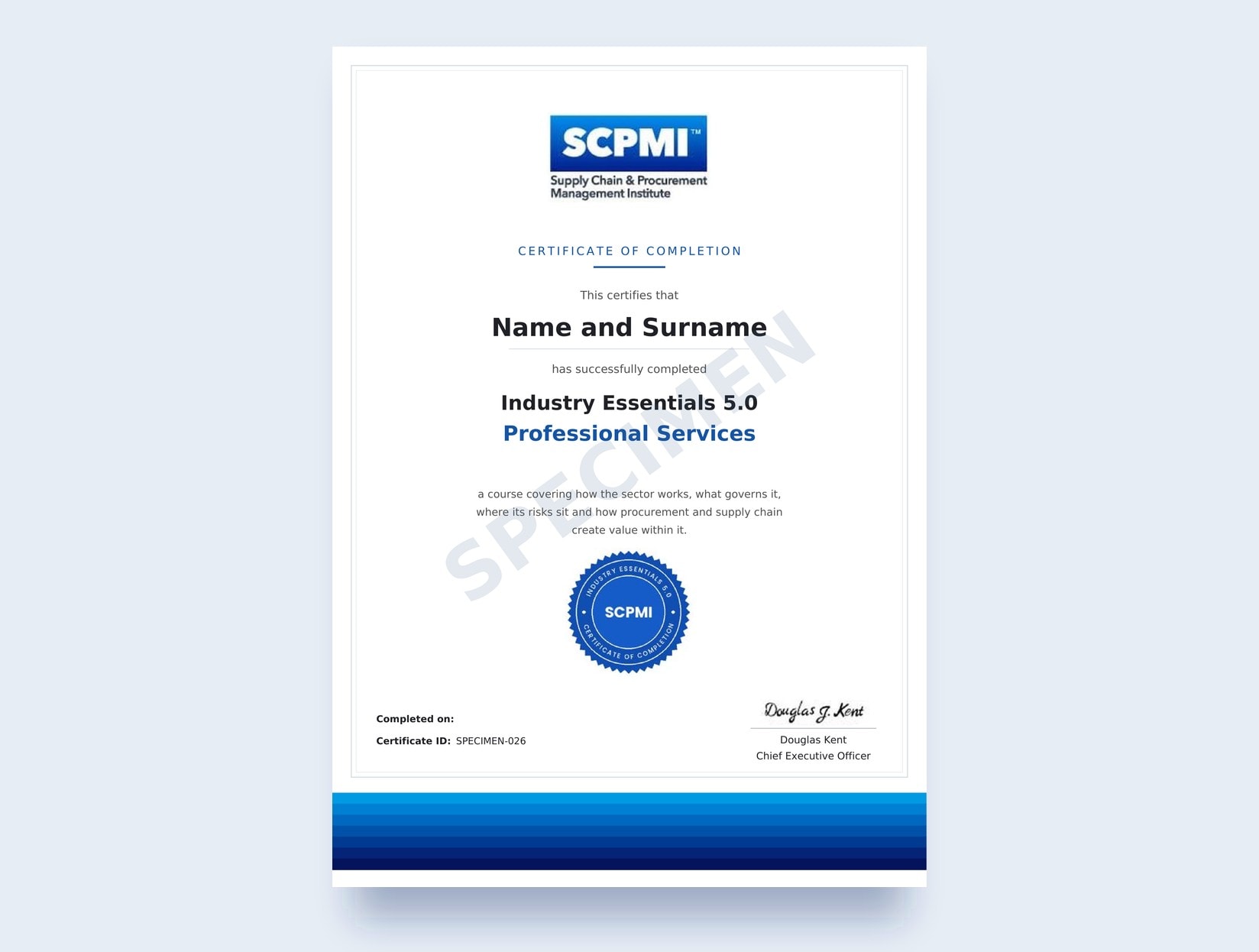 The Industry Essentials 5.0 certificate of completion for this course, showing the course title: Industry Essentials 5.0, Professional Services.