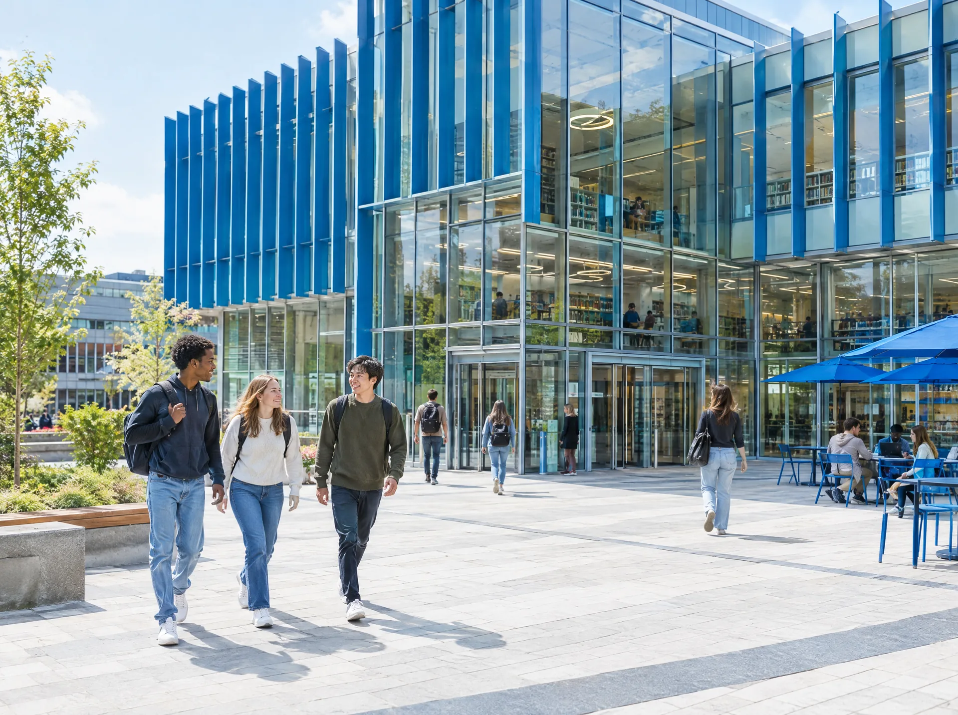 Students walking outside a university building