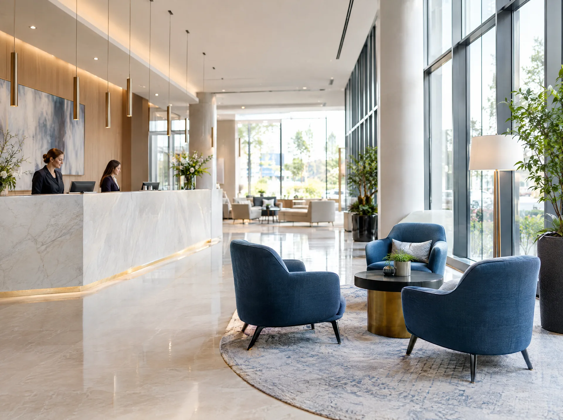 Hotel lobby with reception desk and lounge seating