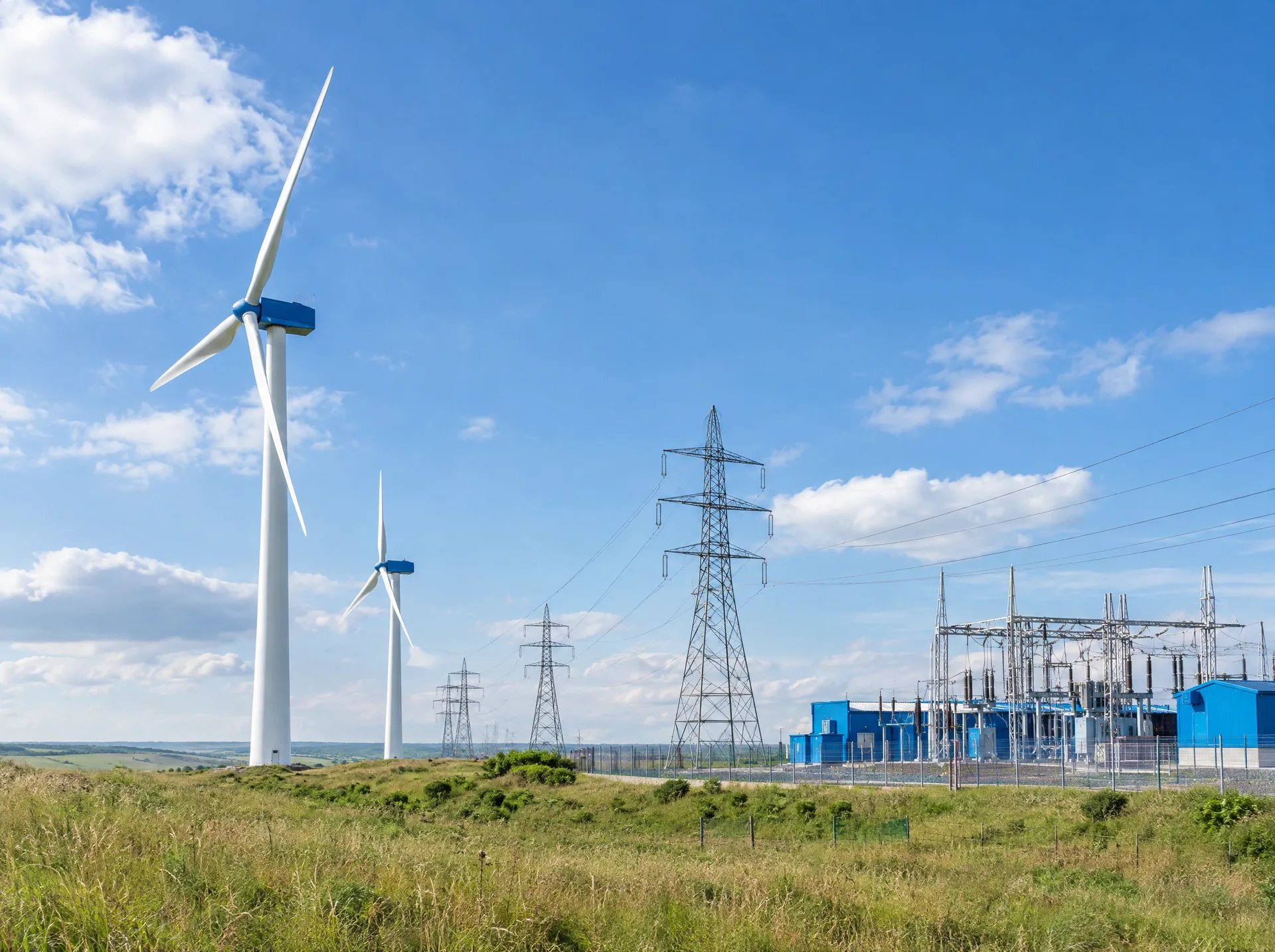Wind turbines and power lines beside an electrical substation