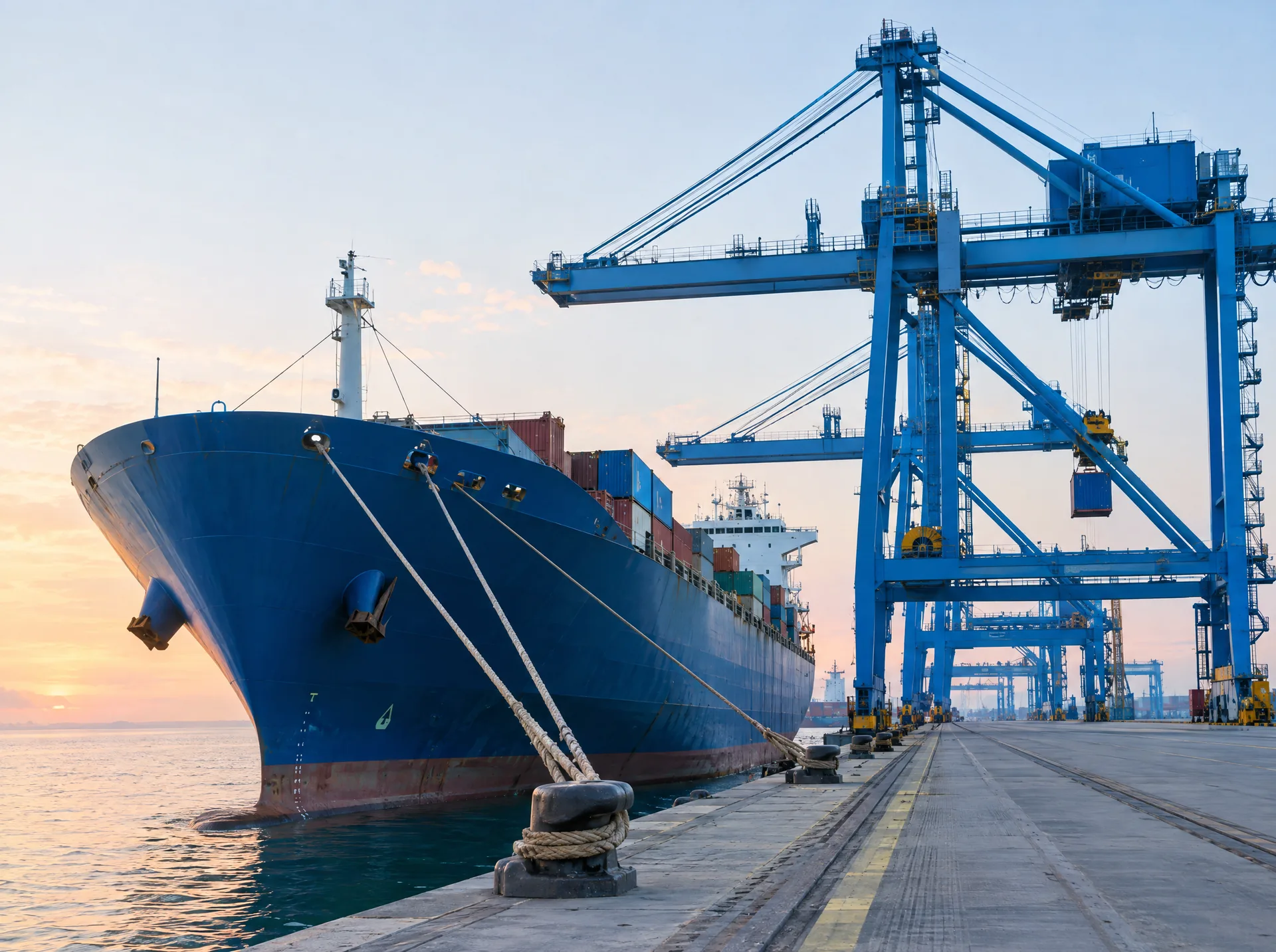 Container ship berthed under ship-to-shore cranes at sunset