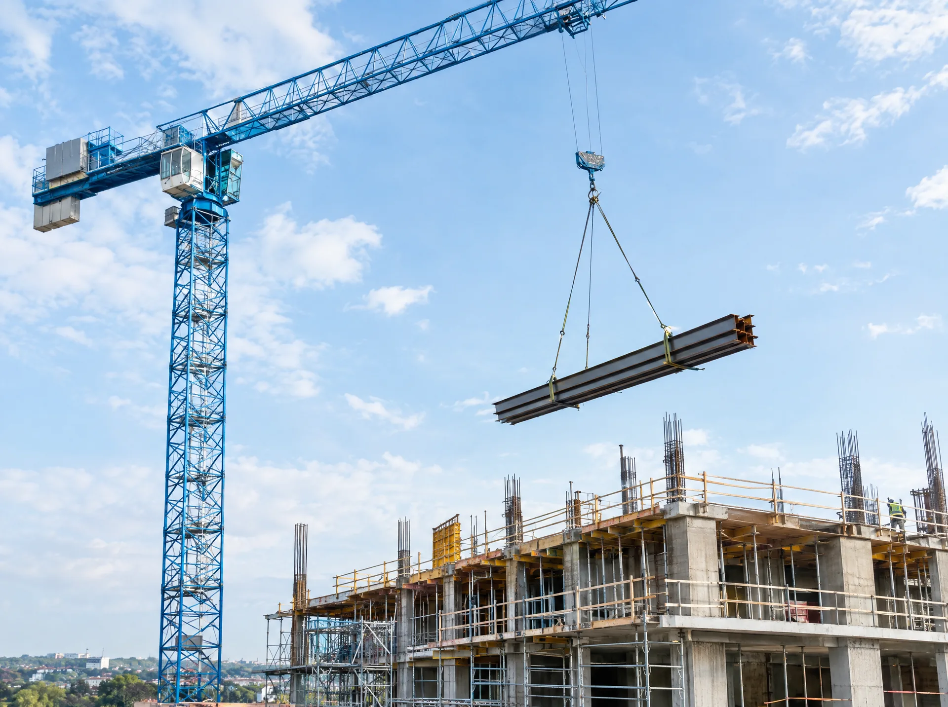 Tower crane lifting steel beams over a building under construction