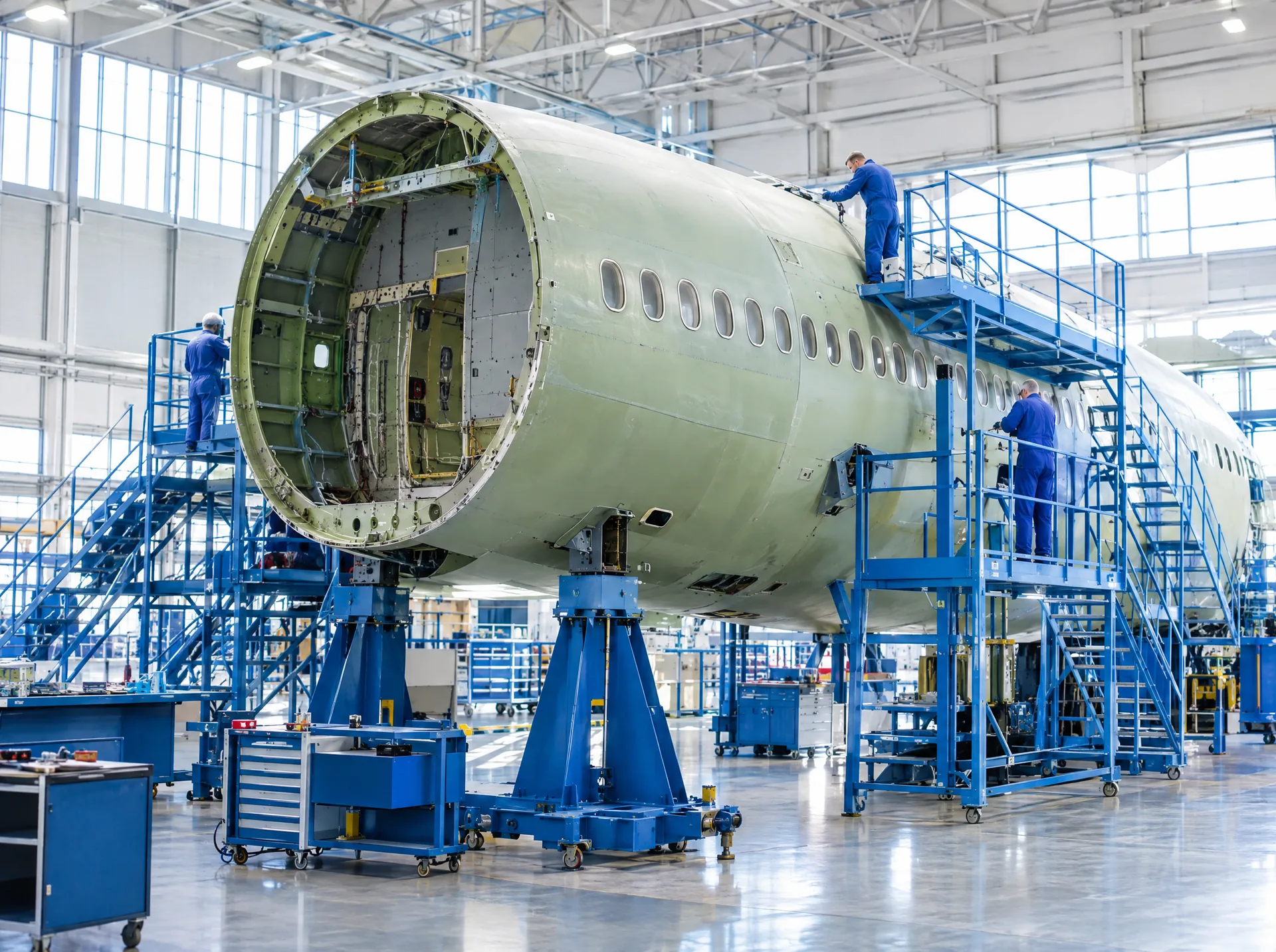 Aircraft fuselage section on an aerospace assembly line