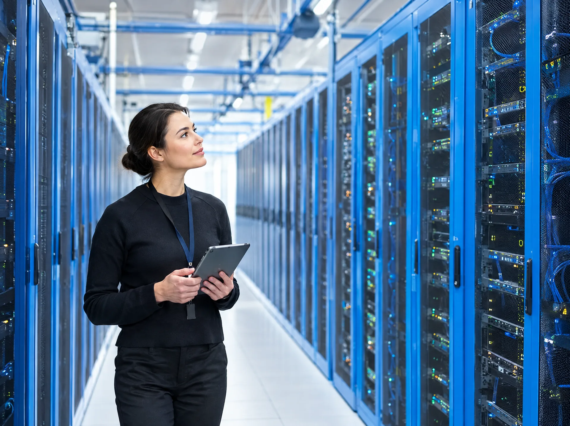 Engineer with a tablet in a data centre aisle