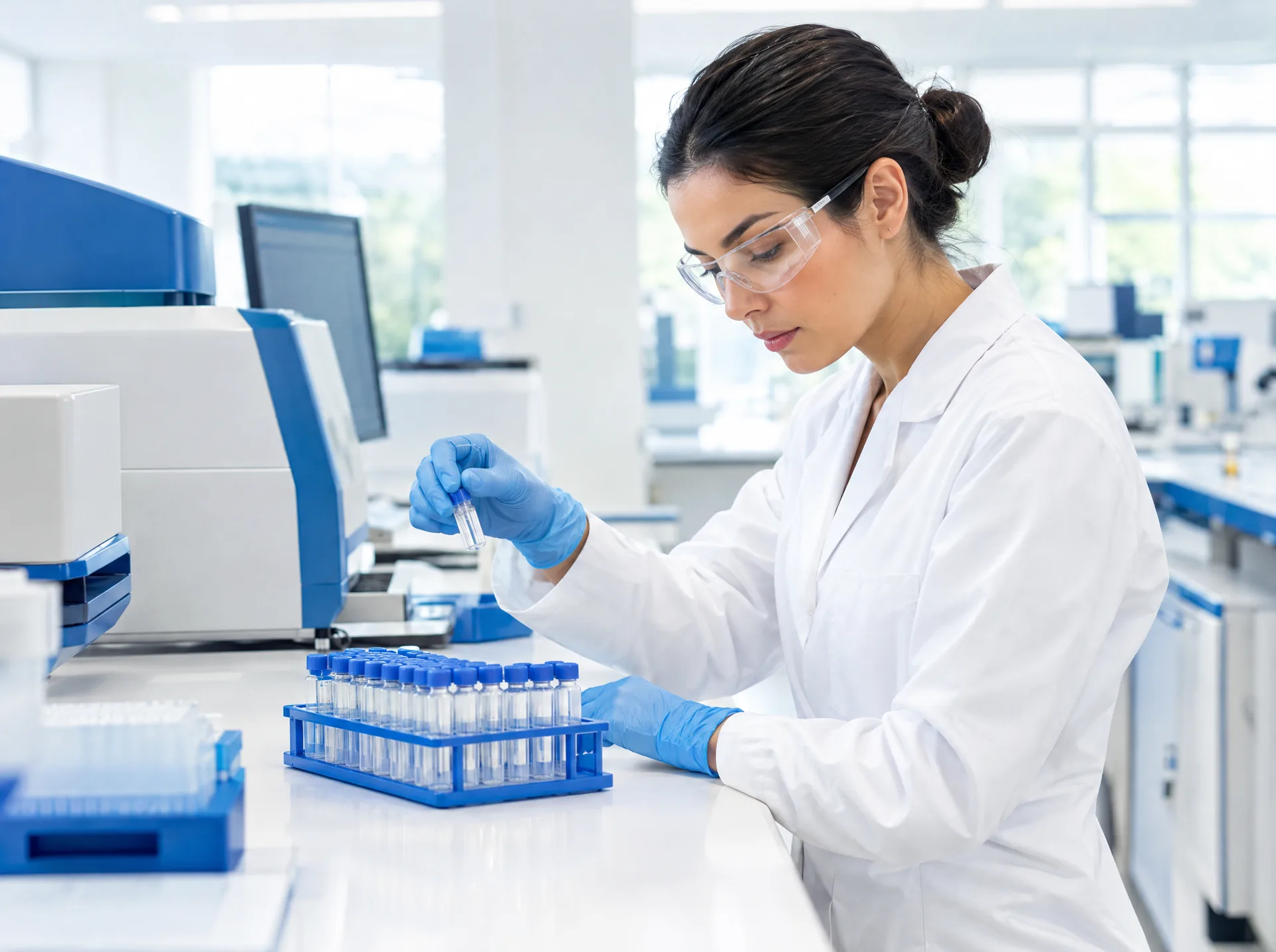 Researcher handling sample vials in a clinical laboratory