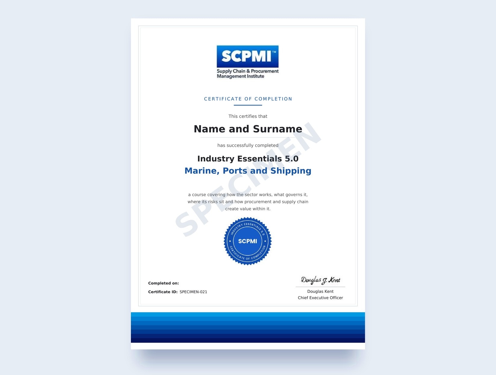 The Industry Essentials 5.0 certificate of completion for this course, showing the course title: Industry Essentials 5.0, Marine, Ports and Shipping.