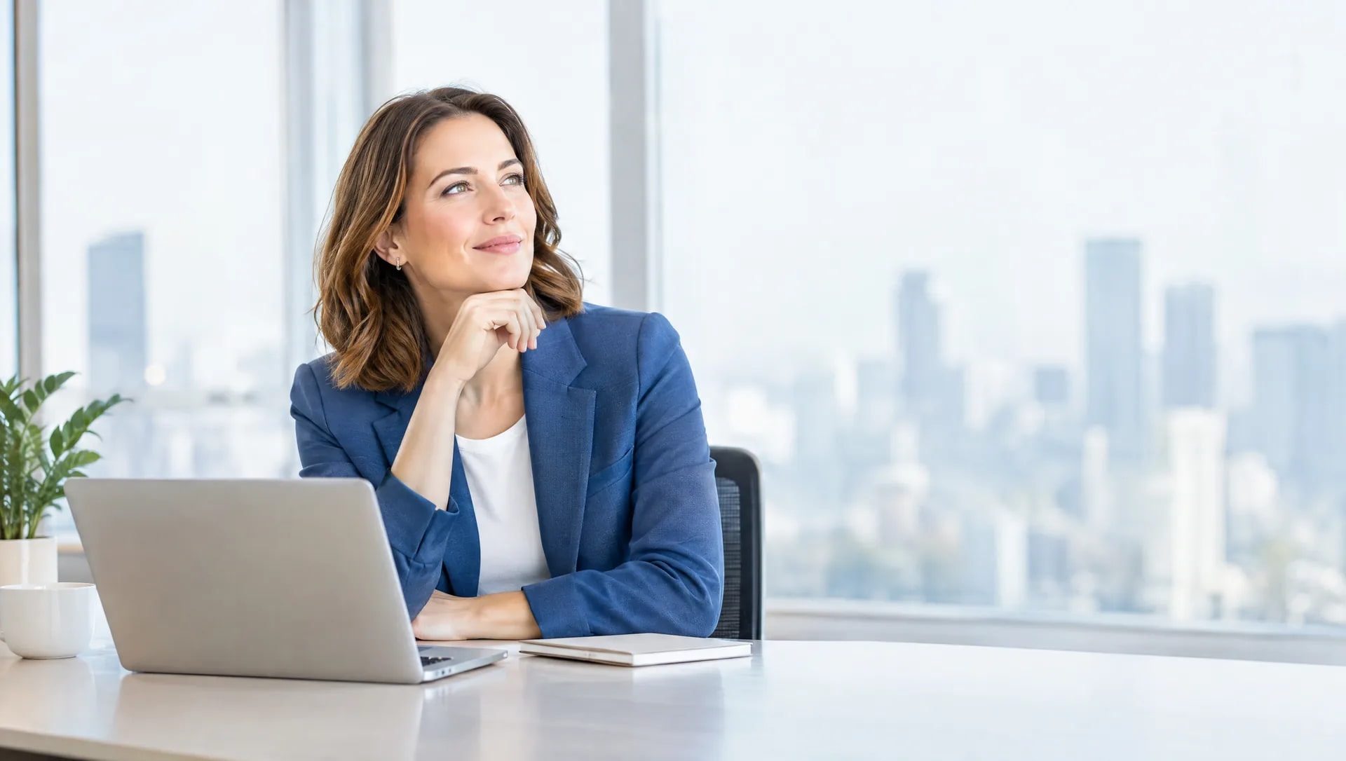 Supply chain professional at a laptop, looking out over the city