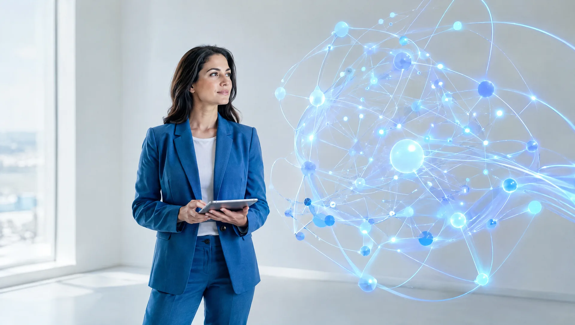 Professional with a tablet beside a visualisation of a data network