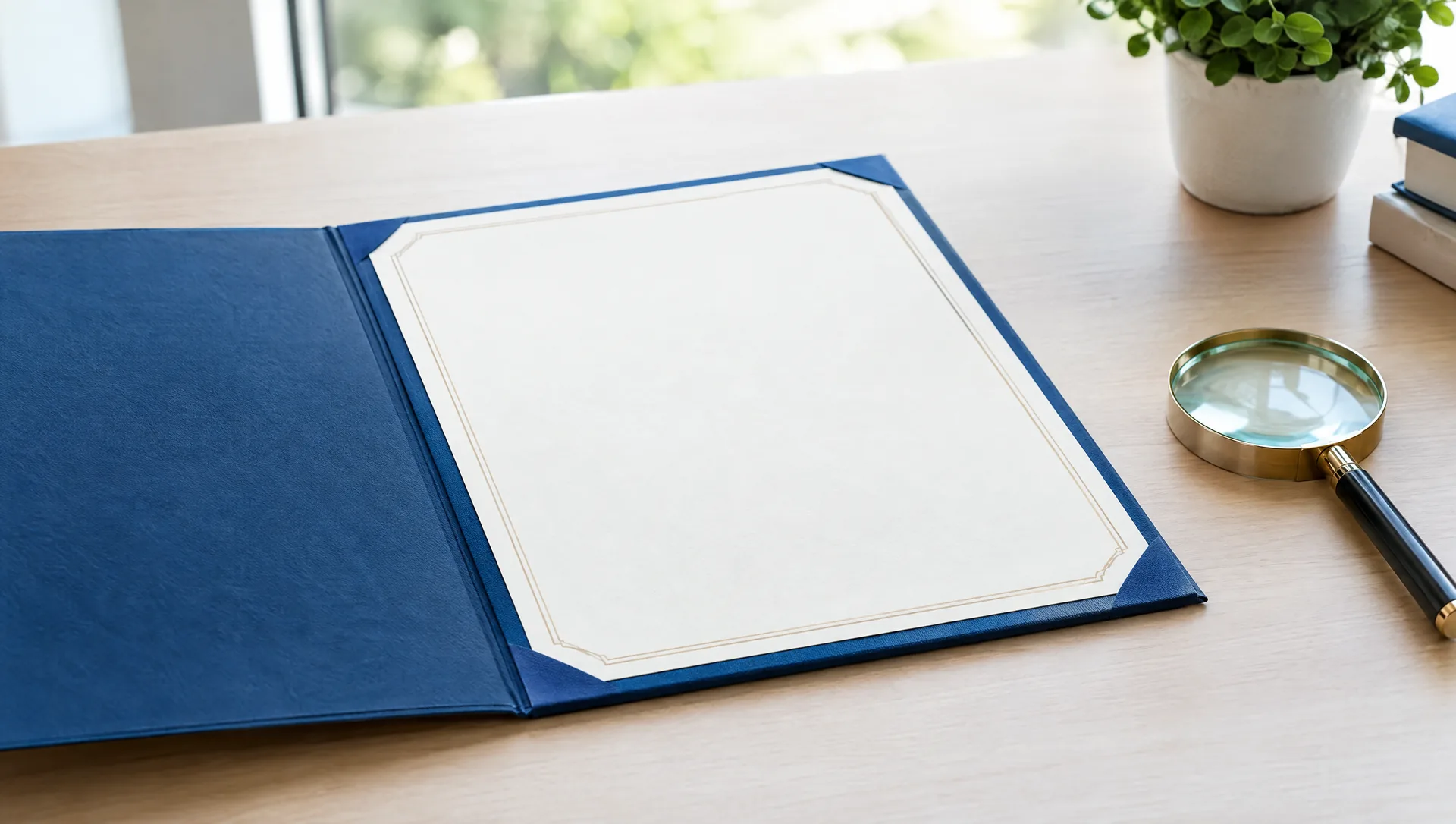 Certificate in a blue presentation folder on a desk